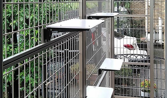 猫の庭のフェンス壁に取り付けられた複数のステップが、猫用の階段となっている様子
