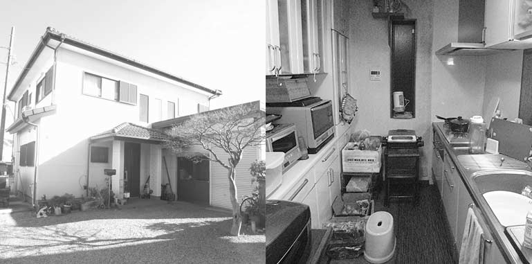 リフォーム前の外観とキッチンの写真。
